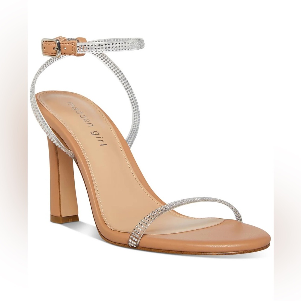 Madden Girl Tashaa Heeled Sandals Nude Embellished Ankle Strap Preppy Size 8.5